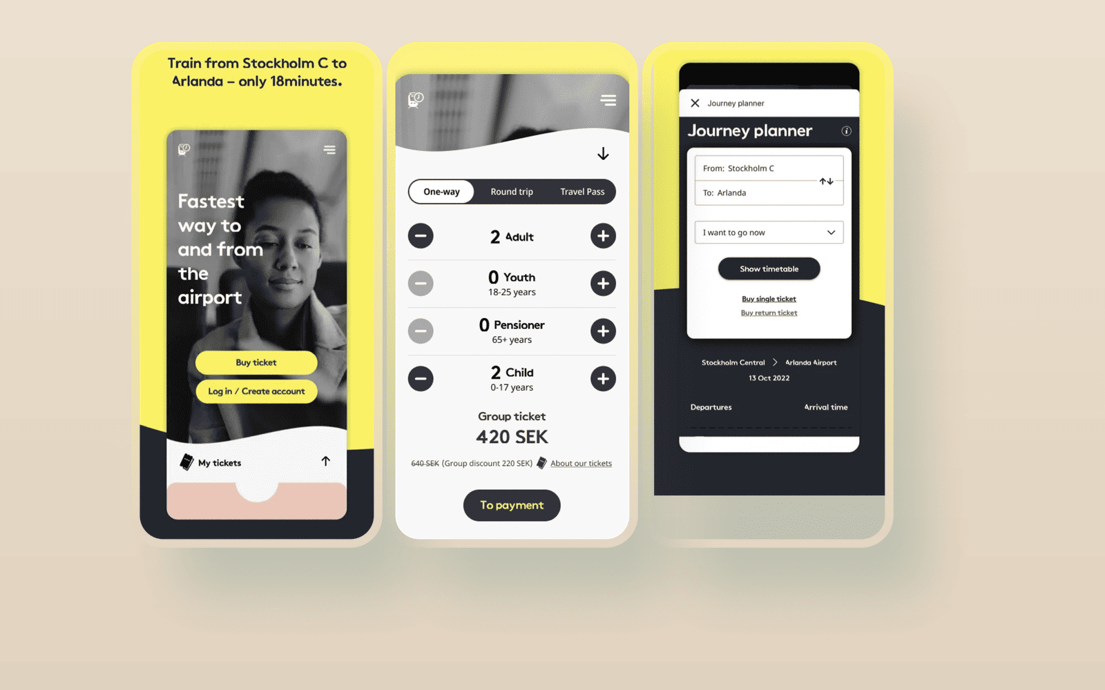 Arlanda Express: brand splash, passenger picker, and journey planner screens