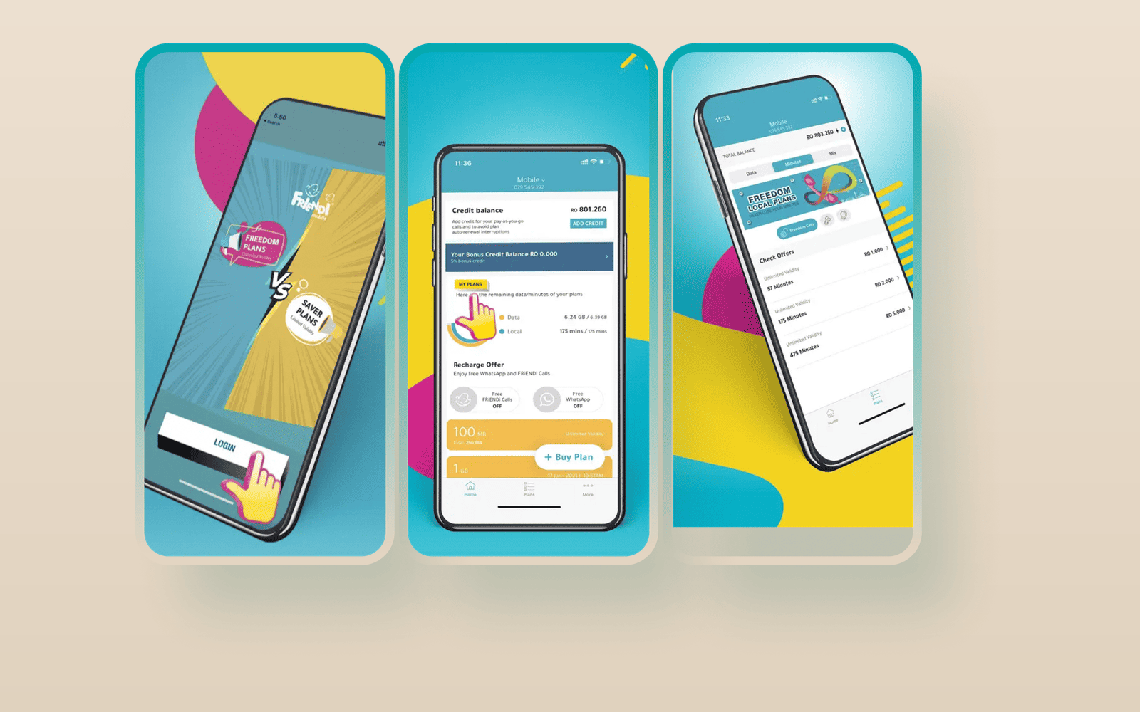 Friendi Mobile Oman: account dashboard, recharge, and plan offers screens