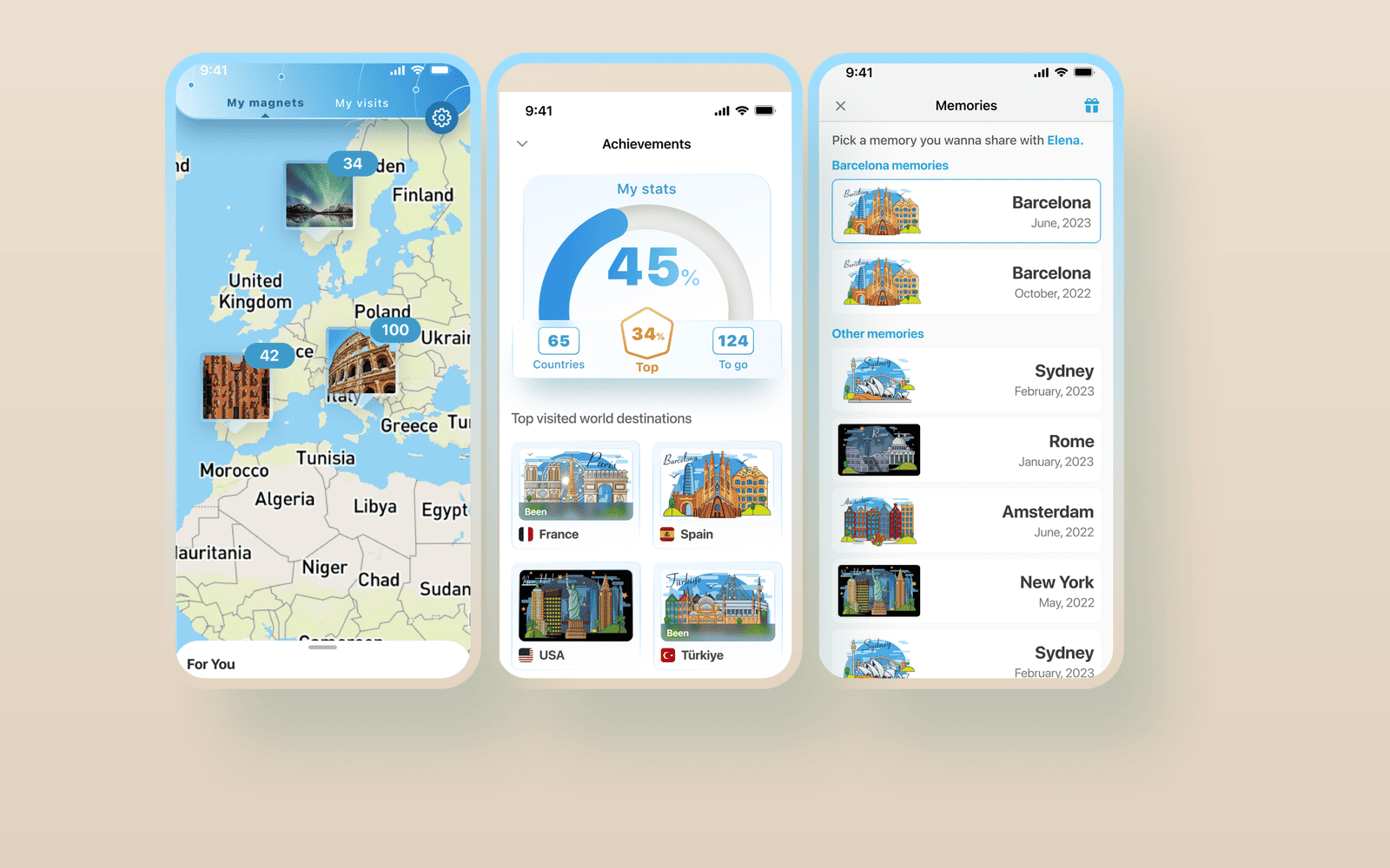 Gulli Magnets: trips map, memories, and achievements screens