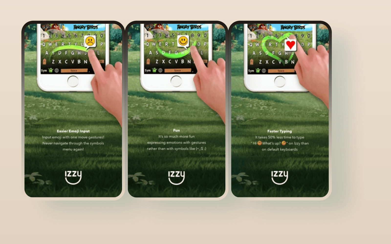 Izzy ft Angry Birds: gesture keyboard with smiley, heart, and emoji input screens
