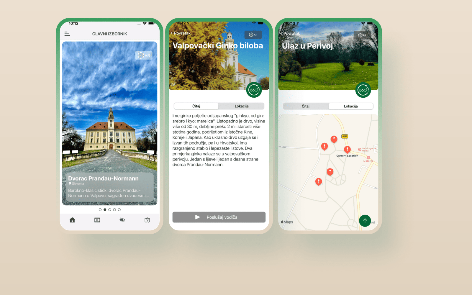 PBS Valpovo: park onboarding, Prandau-Normann castle card, and trail map screens