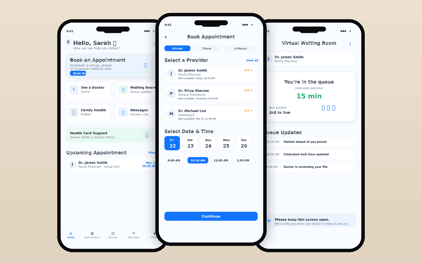TeleMedical App: appointment booking, virtual consultation, and patient record screens