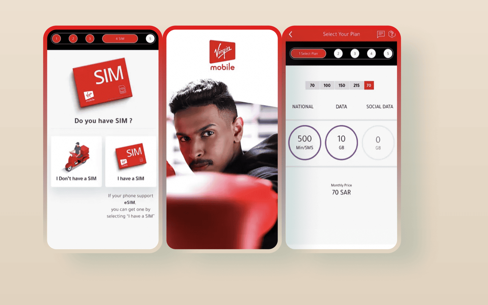 Virgin Mobile KSA: brand splash, eSIM picker, and plan selector screens
