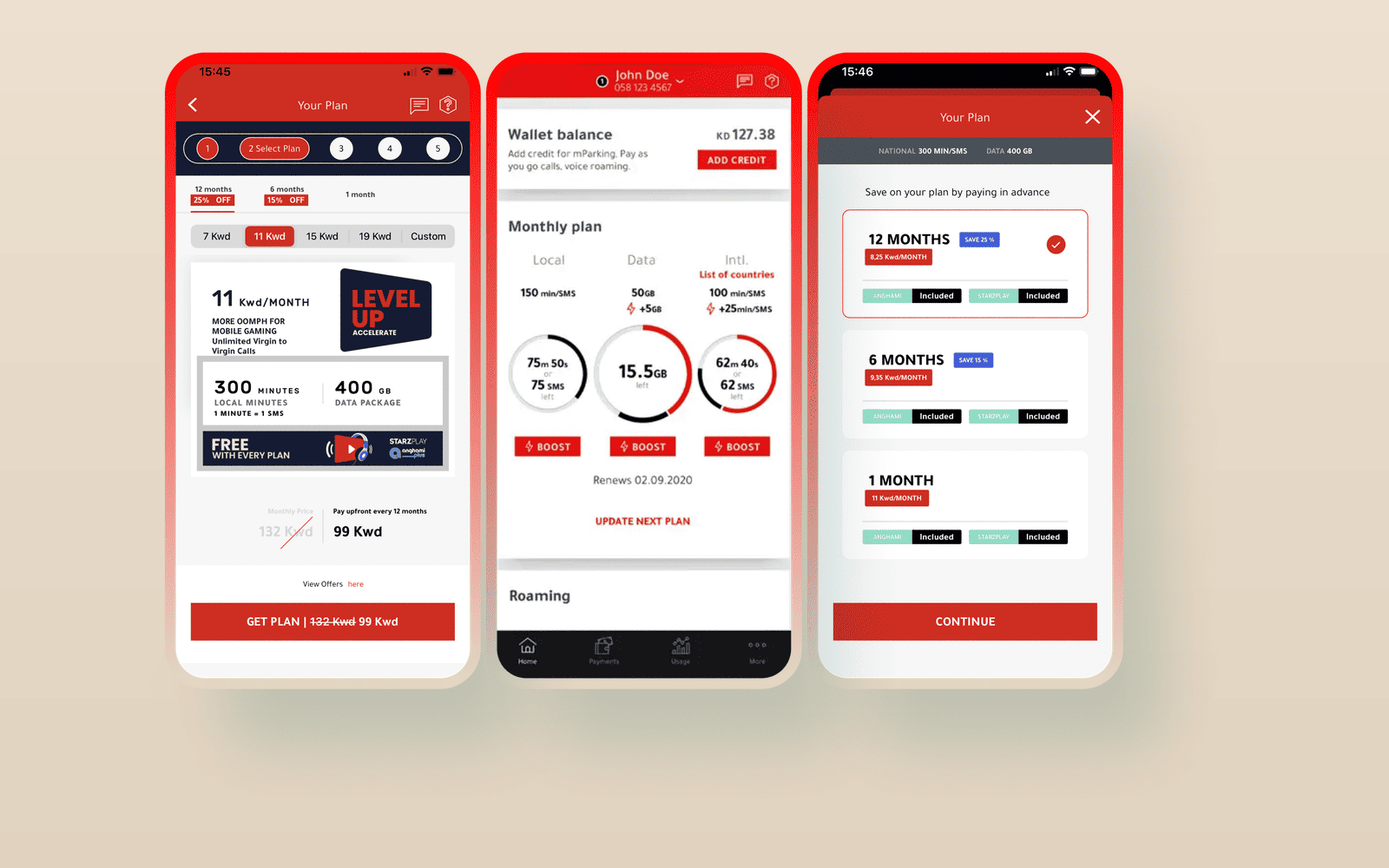 Virgin Mobile Kuwait: signup, wallet dashboard, and plan selector screens
