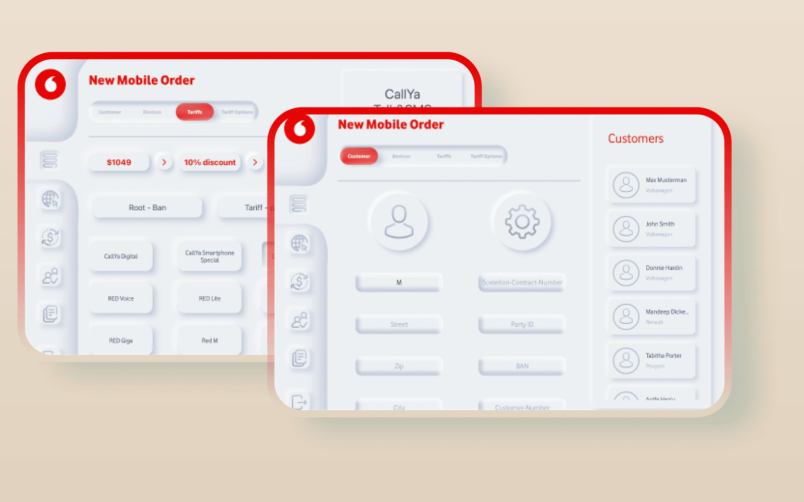 Vodafone Sales App: iPad order workflow showing tariff selection and device picker