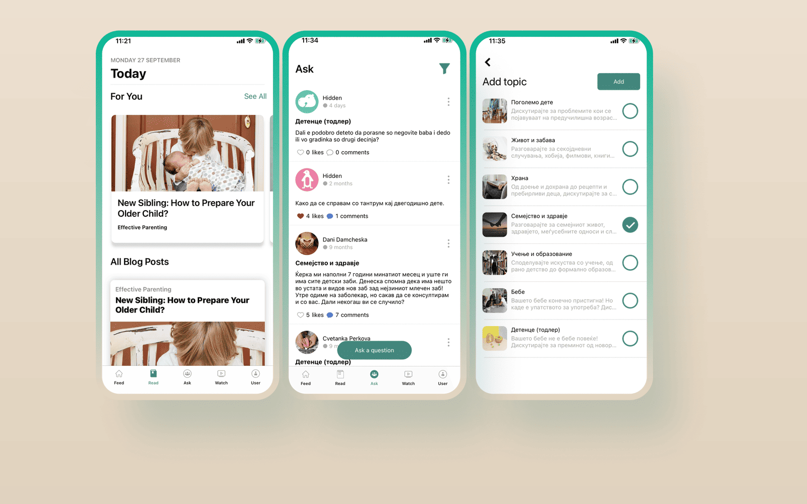 We Moments: family feed, parenting blog, and moderated Q&A screens